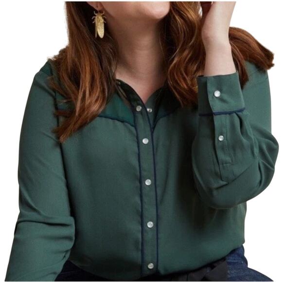 Modcloth Green Sheer Yoke Pearl Snaps Western Long Sleeve Chiffon Blouse size S - Picture 1 of 11